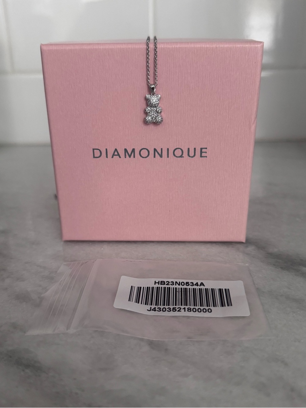 Diamonique Silver Teddy Bear Pendant Necklace - Pink Box Accent